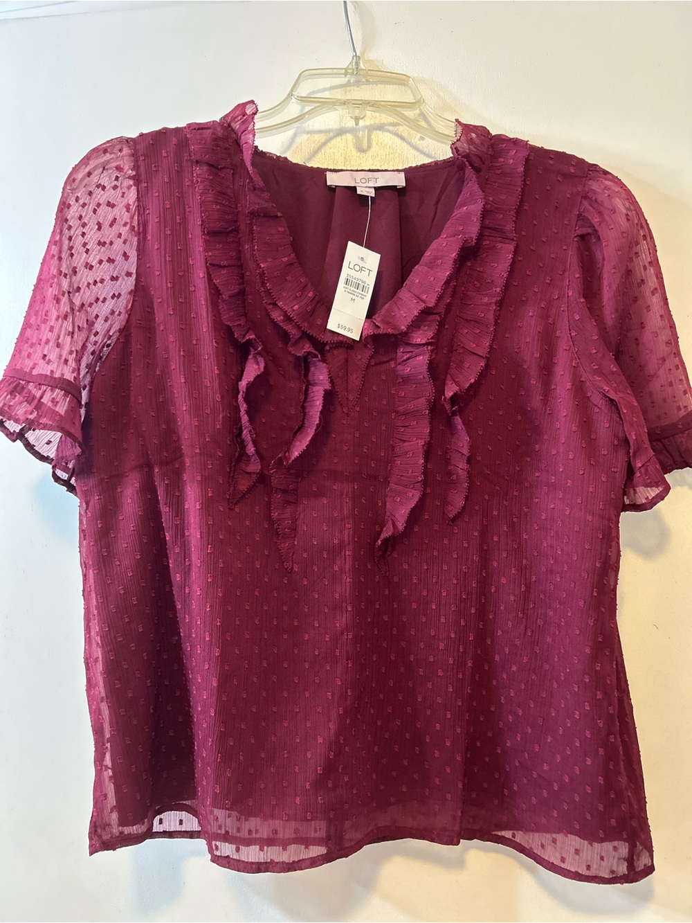 LOFT Plum Ruffle Swiss Dot Blouse